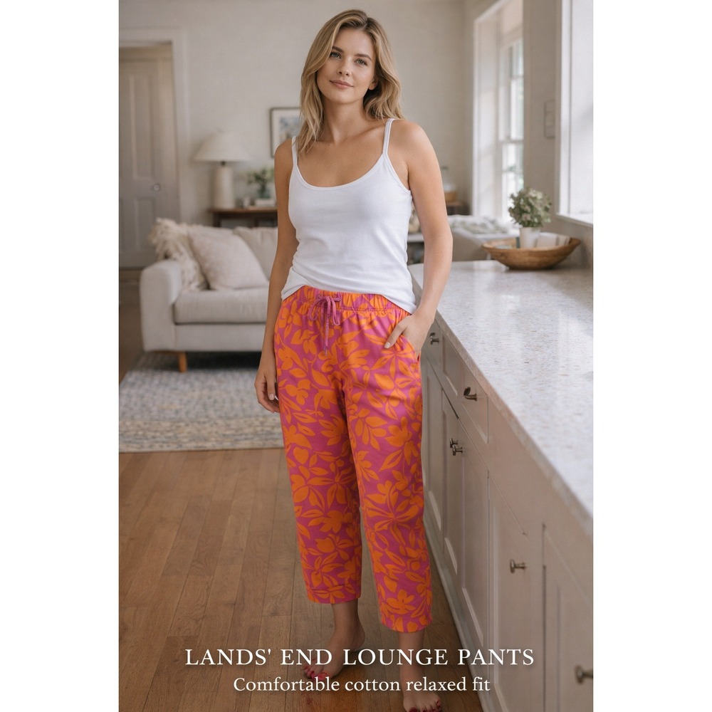 Lands' End‎ Cotton Lounge Pants Pink Orange Floral Elastic Waist Drawstring XL